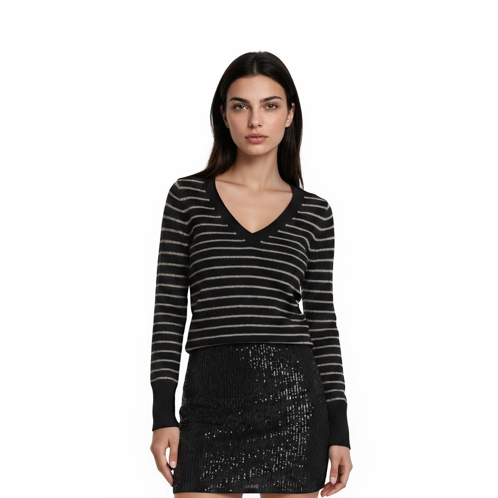 Halogen 100% Cashmere V-Neck Sweater Women's Size Small Black Gray Striped - Picture 1 of 5